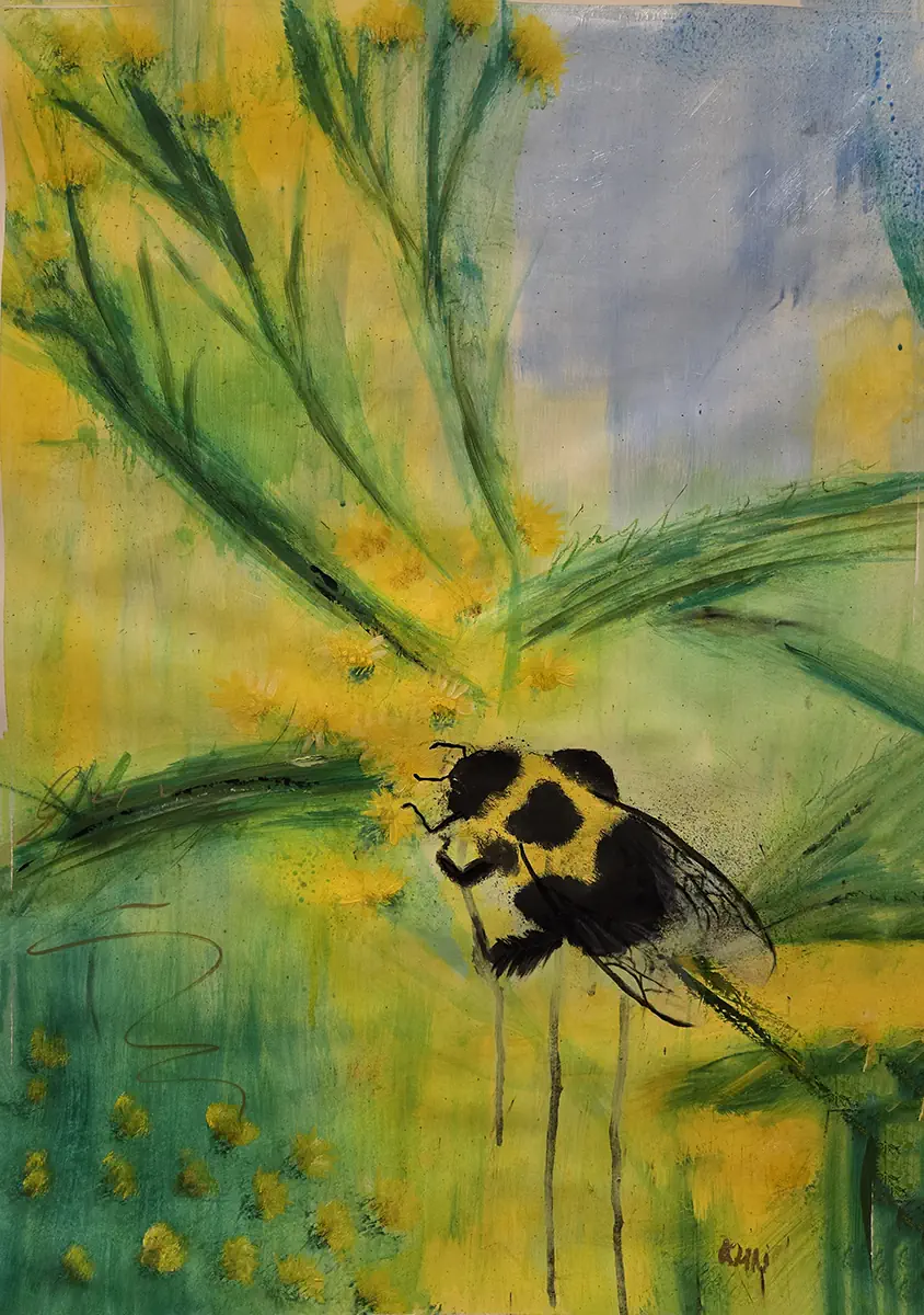 Bumble Bee on the dandies 27x19 mixed and oil on paper