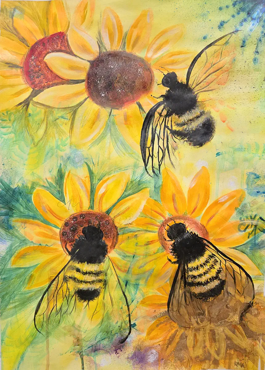 Bumble Bees in the Garden 27x19 mixed with gold foil and oil on paper