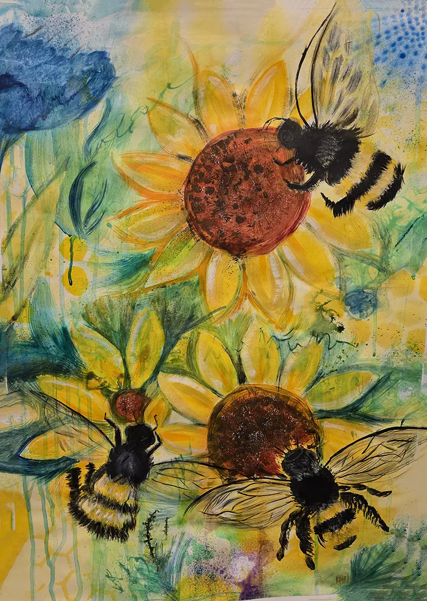Bumble Bees on Sunflowers 27x19 mixed and oil on paper