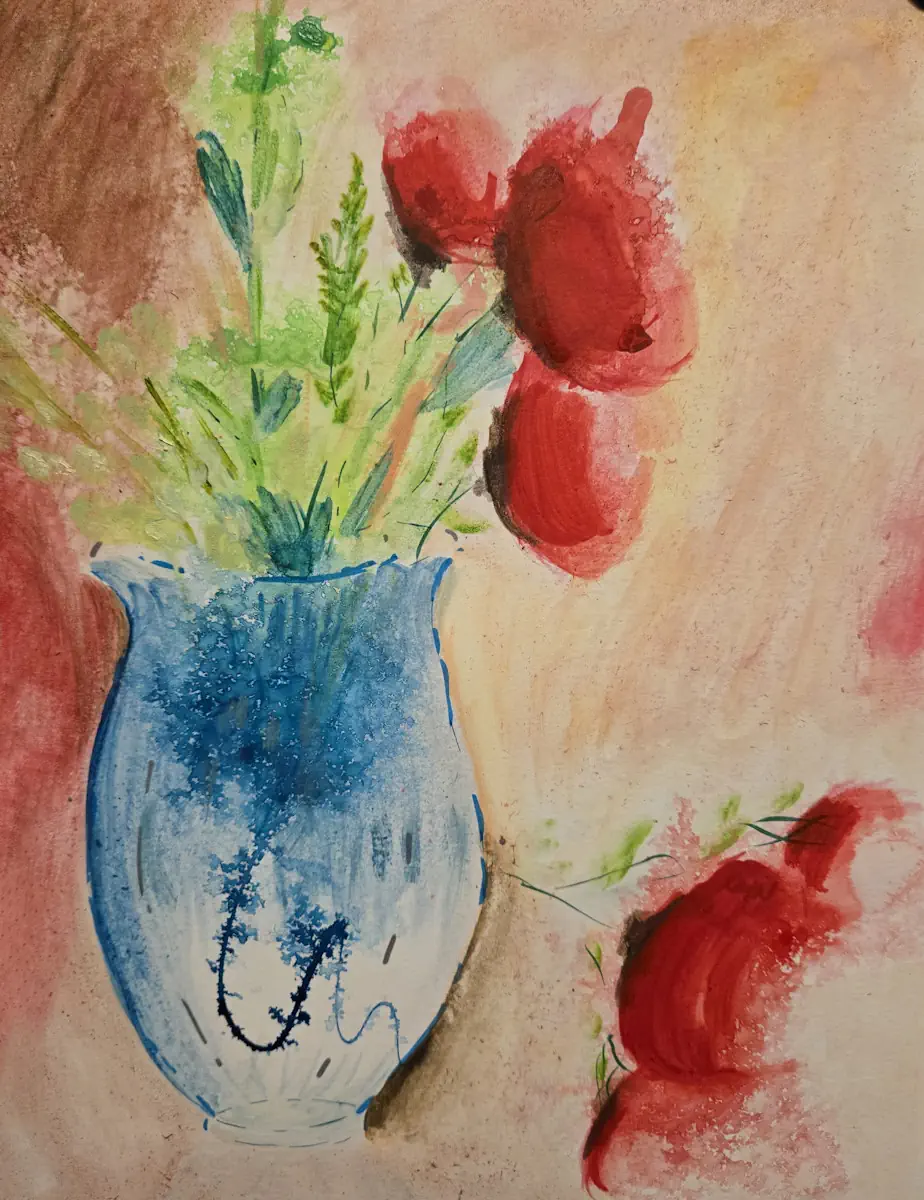Home in a Blue Vase 19x12 mixed and oil on paper